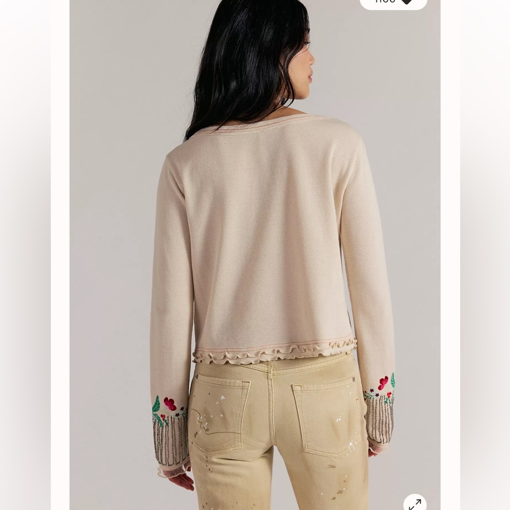 Free People Carter Embellished Beaded Floral Romantic Long Sleeve Thermal Top M - Picture 2 of 10
